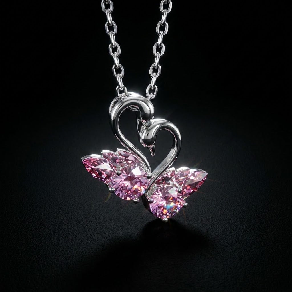 Loyal Couple Swan Heart Necklace | Pink Crystal Double Swan Pendant Silver Necklace