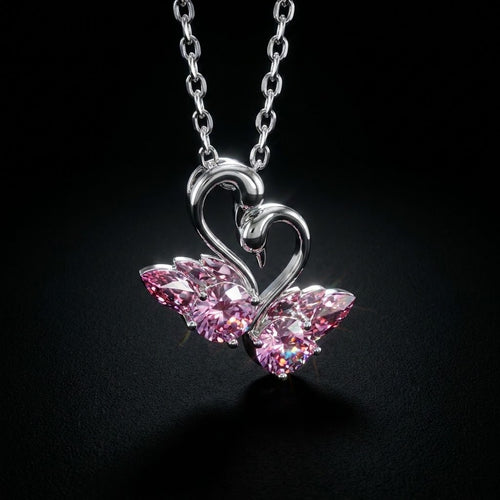 Loyal Couple Swan Heart Necklace | Pink Crystal Double Swan Pendant Silver Necklace