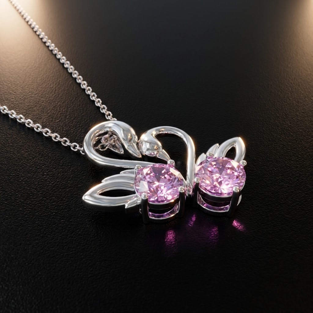 Loyal Couple Swan Heart Necklace | Pink Crystal Double Swan Pendant Silver Necklace