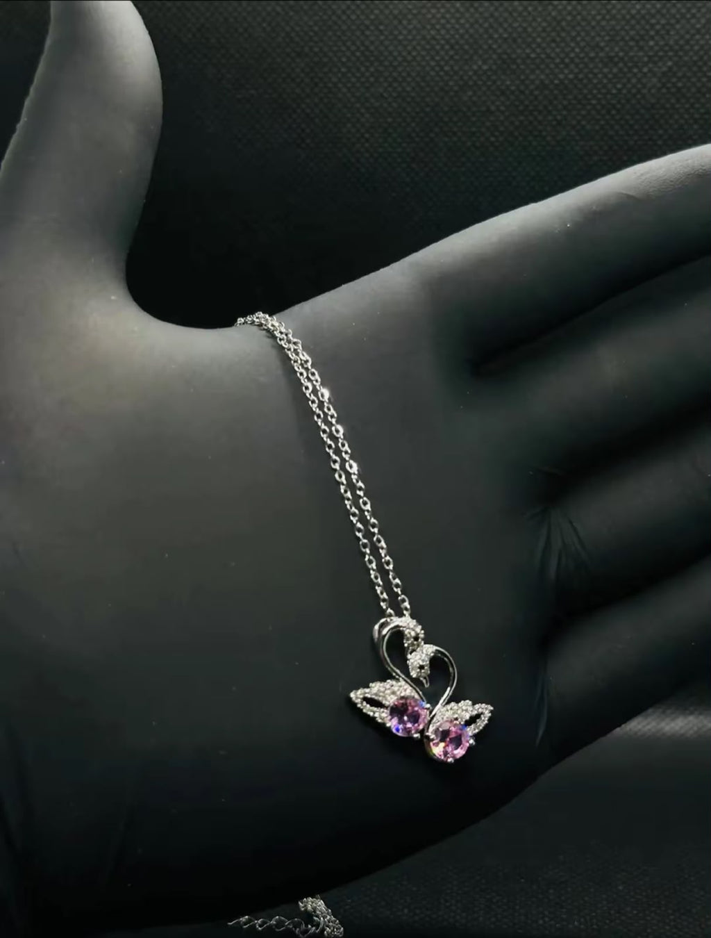 Loyal Couple Swan Heart Necklace | Pink Crystal Double Swan Pendant Silver Necklace