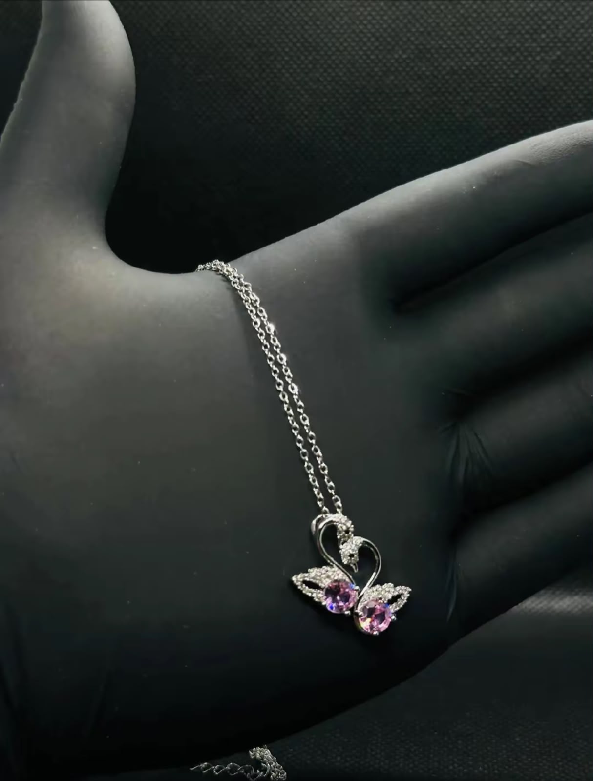 Loyal Couple Swan Heart Necklace | Pink Crystal Double Swan Pendant Silver Necklace