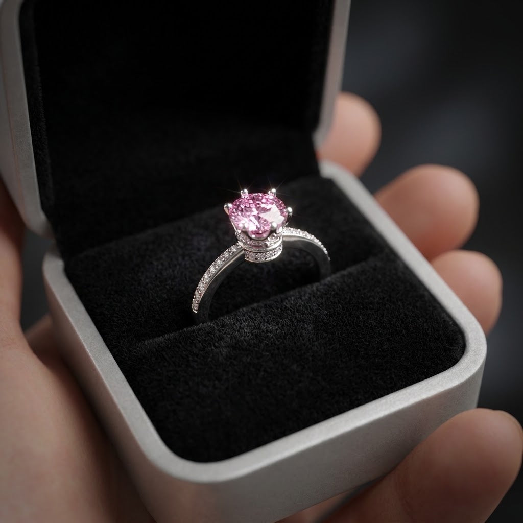 Pink Crystal Solitaire Ring | Sparkling Pavé Band Ring