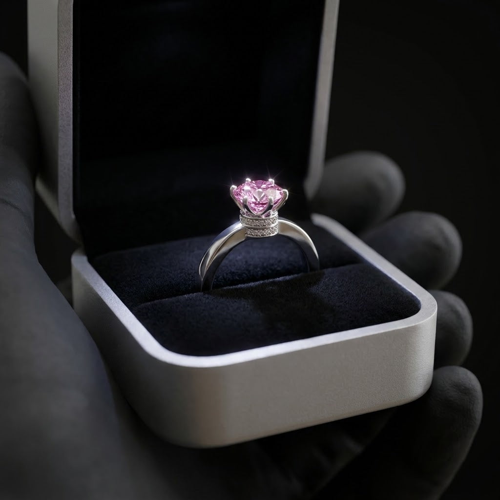Pink Crystal Solitaire Ring | Sparkling Pavé Band Ring