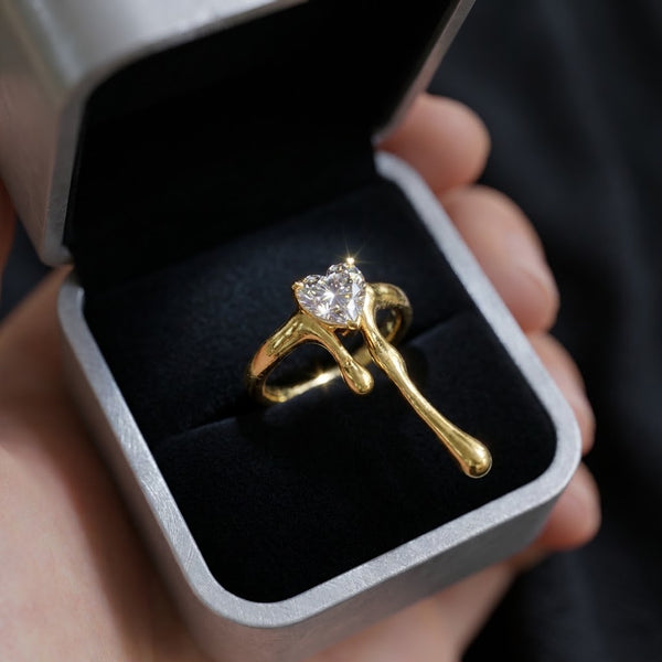 Gold Heart-Cut Solitaire Ring | Molten Drip Band Statement Ring
