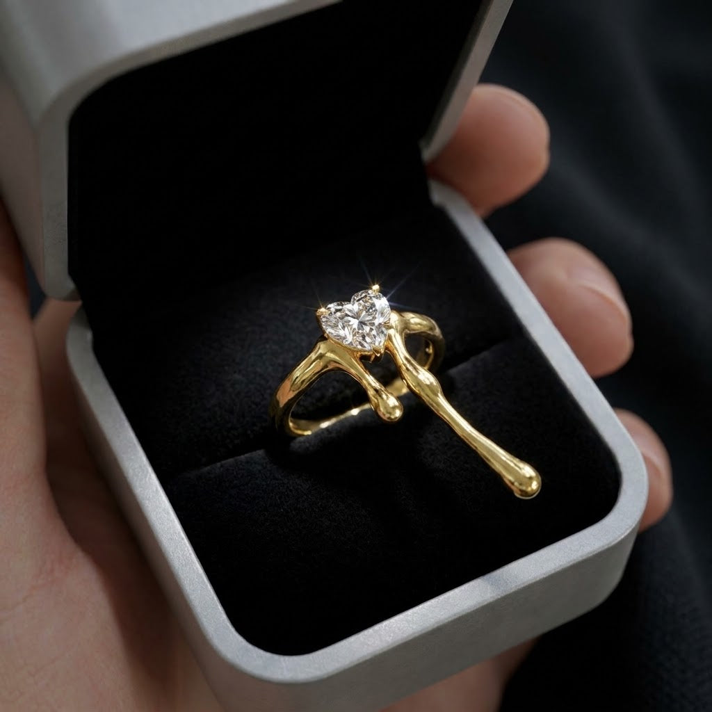 Gold Heart-Cut Solitaire Ring | Molten Drip Band Statement Ring